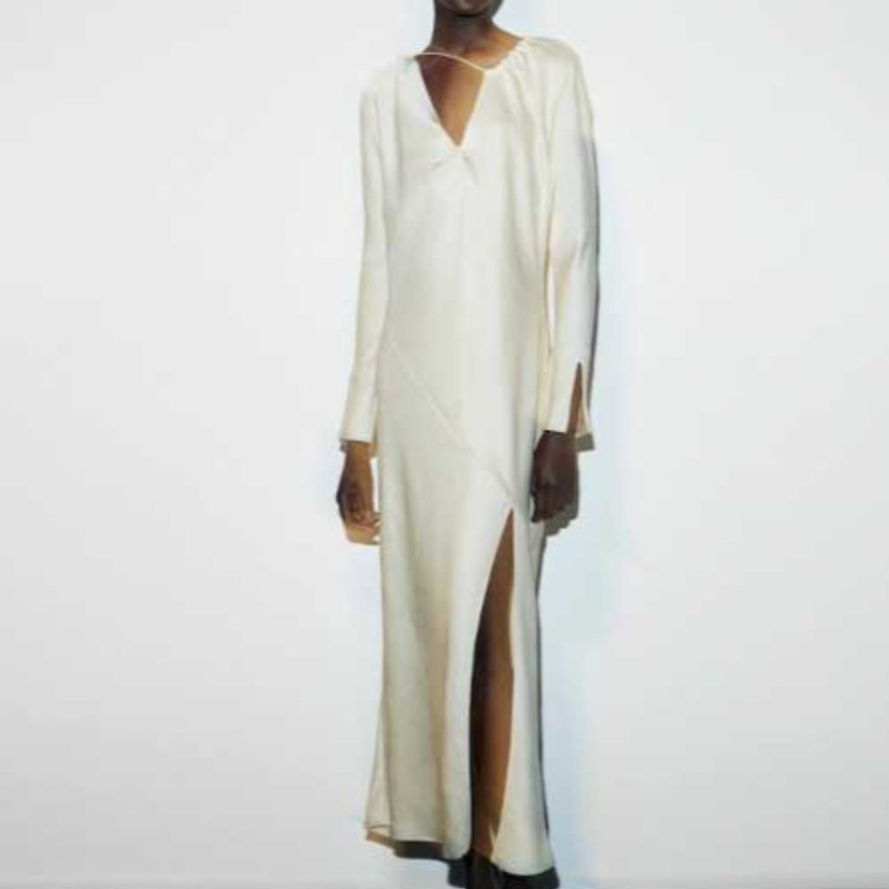 Massimo Dutti Cream Long Sleeve V-Neck Midi Dress